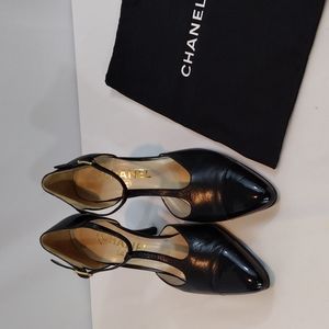 Black Chanel Ankle Strap Heels. 3.75" Heel. Size 38.5. With Dust bag.